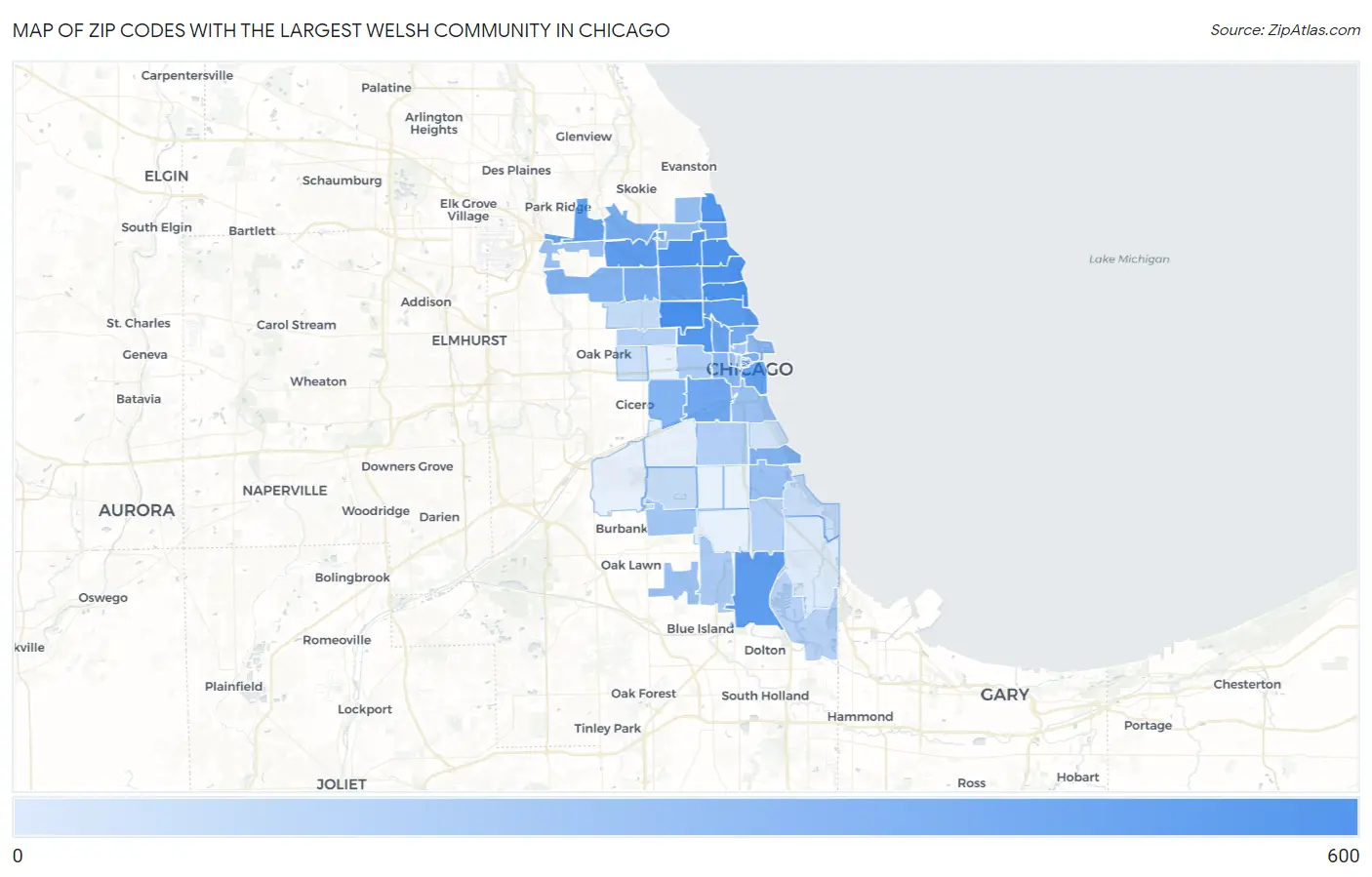 Zip Codes with the Largest Welsh Community in Chicago Map