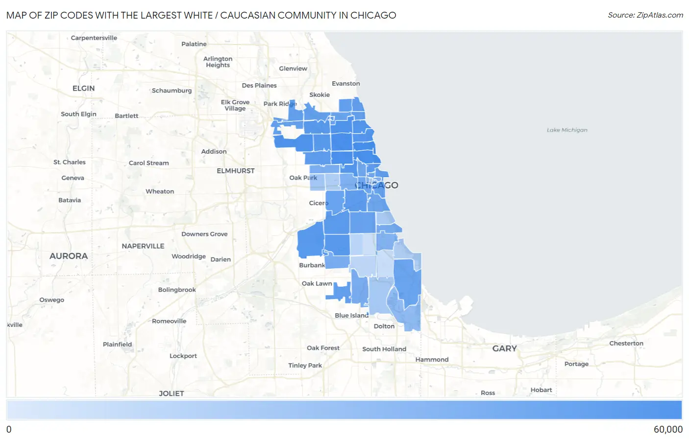 Zip Codes with the Largest White / Caucasian Community in Chicago Map