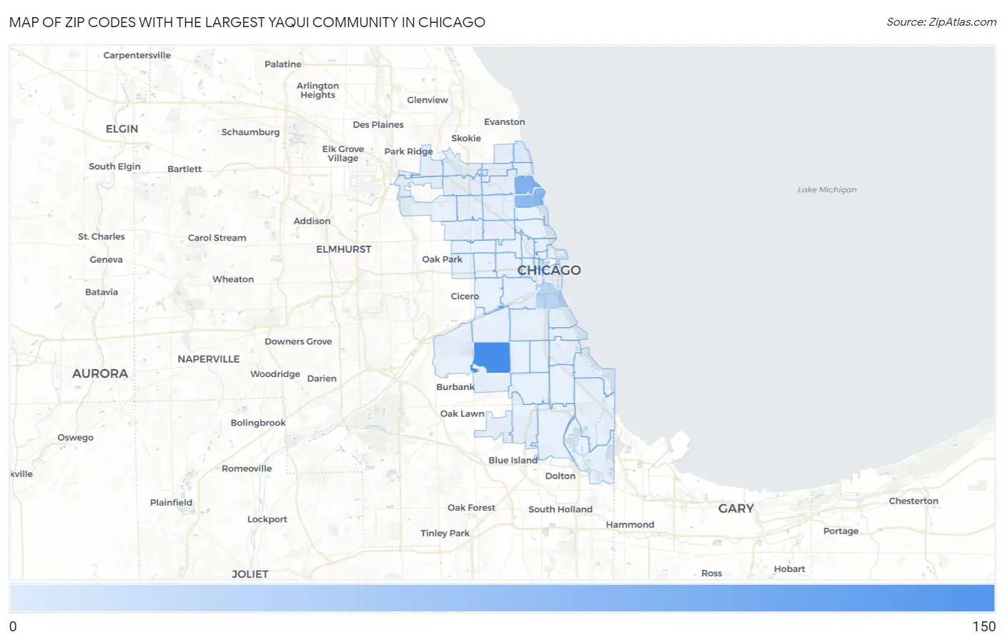 Zip Codes with the Largest Yaqui Community in Chicago Map