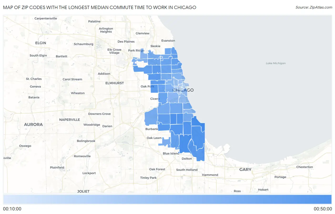 Zip Codes with the Longest Median Commute Time to Work in Chicago Map