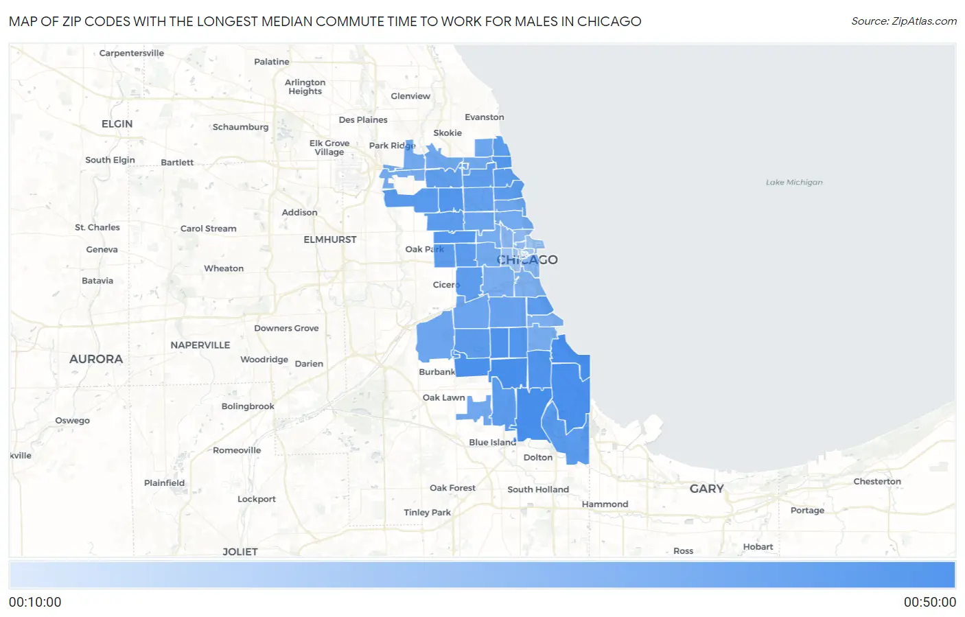 Zip Codes with the Longest Median Commute Time to Work for Males in Chicago Map