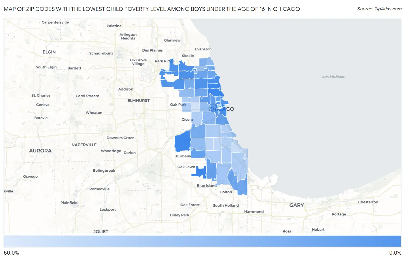 Zip Codes with the Lowest Child Poverty Level Among Boys Under the Age of 16 in Chicago Map