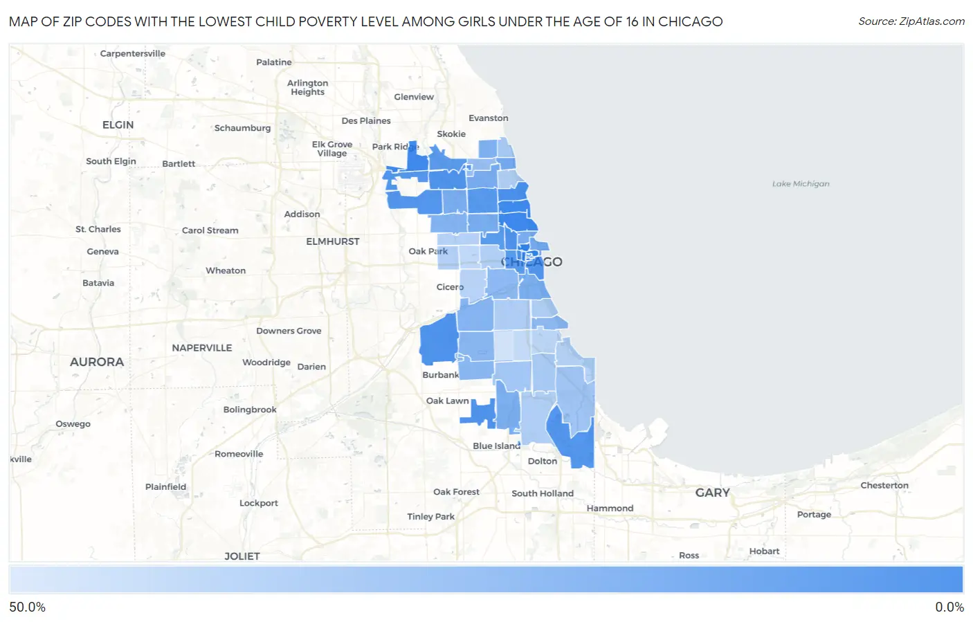 Zip Codes with the Lowest Child Poverty Level Among Girls Under the Age of 16 in Chicago Map