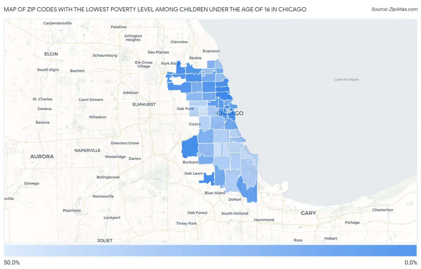 Zip Codes with the Lowest Poverty Level Among Children Under the Age of 16 in Chicago Map