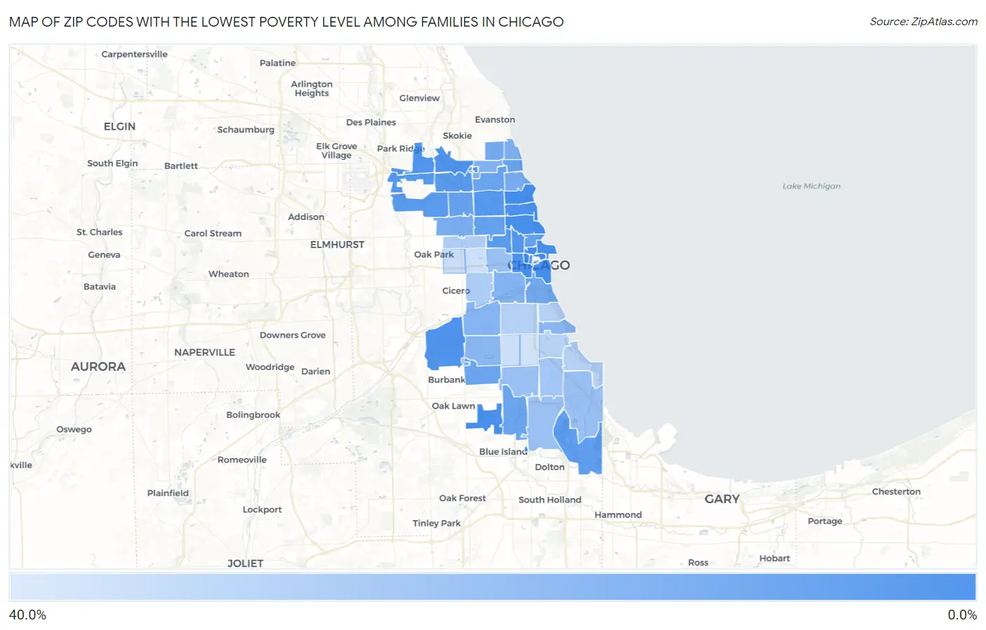 Zip Codes with the Lowest Poverty Level Among Families in Chicago Map