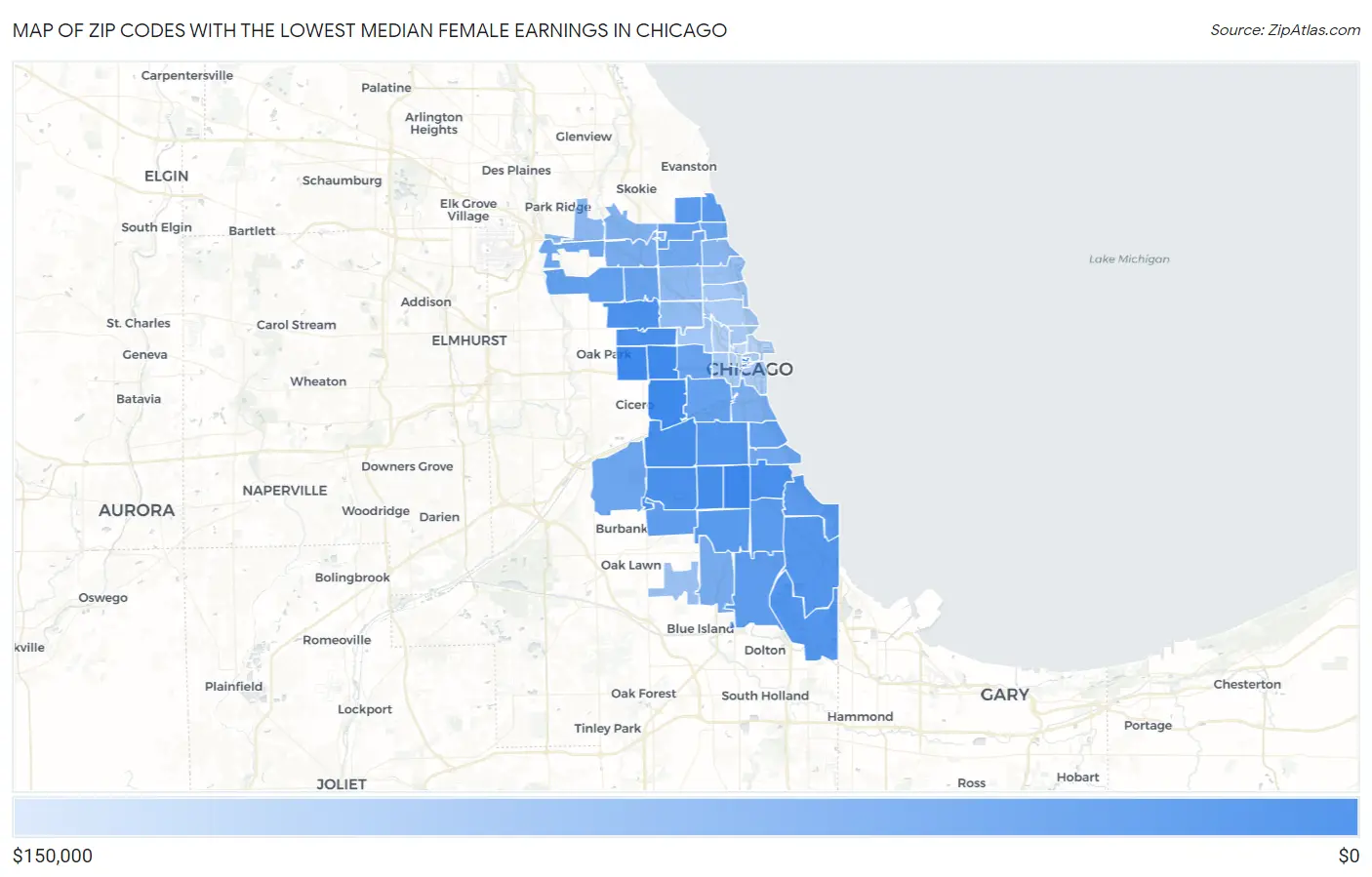 Zip Codes with the Lowest Median Female Earnings in Chicago Map