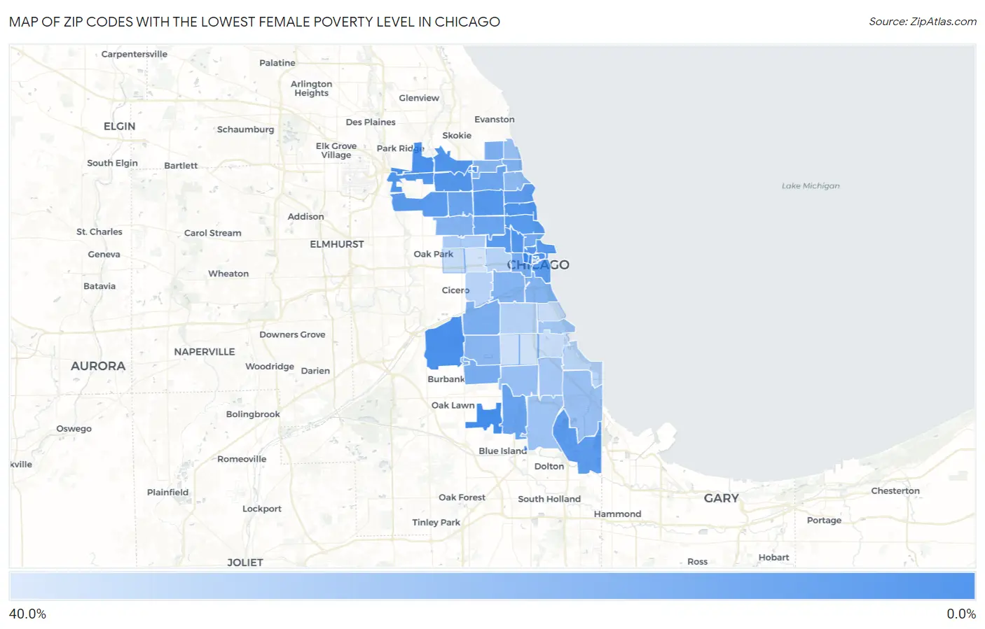 Zip Codes with the Lowest Female Poverty Level in Chicago Map