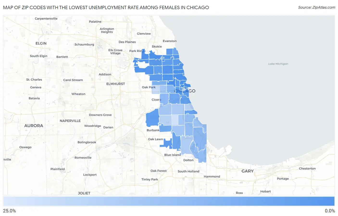 Zip Codes with the Lowest Unemployment Rate Among Females in Chicago Map