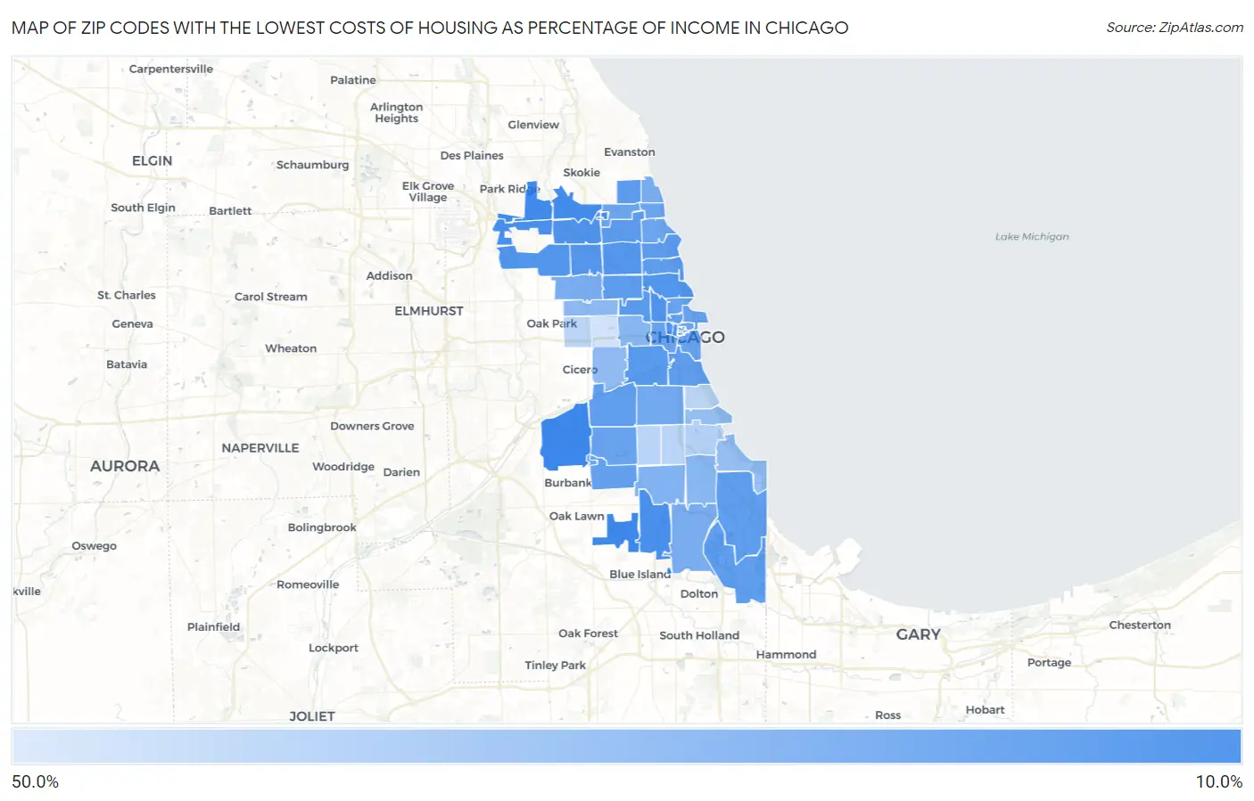Zip Codes with the Lowest Costs of Housing as Percentage of Income in Chicago Map
