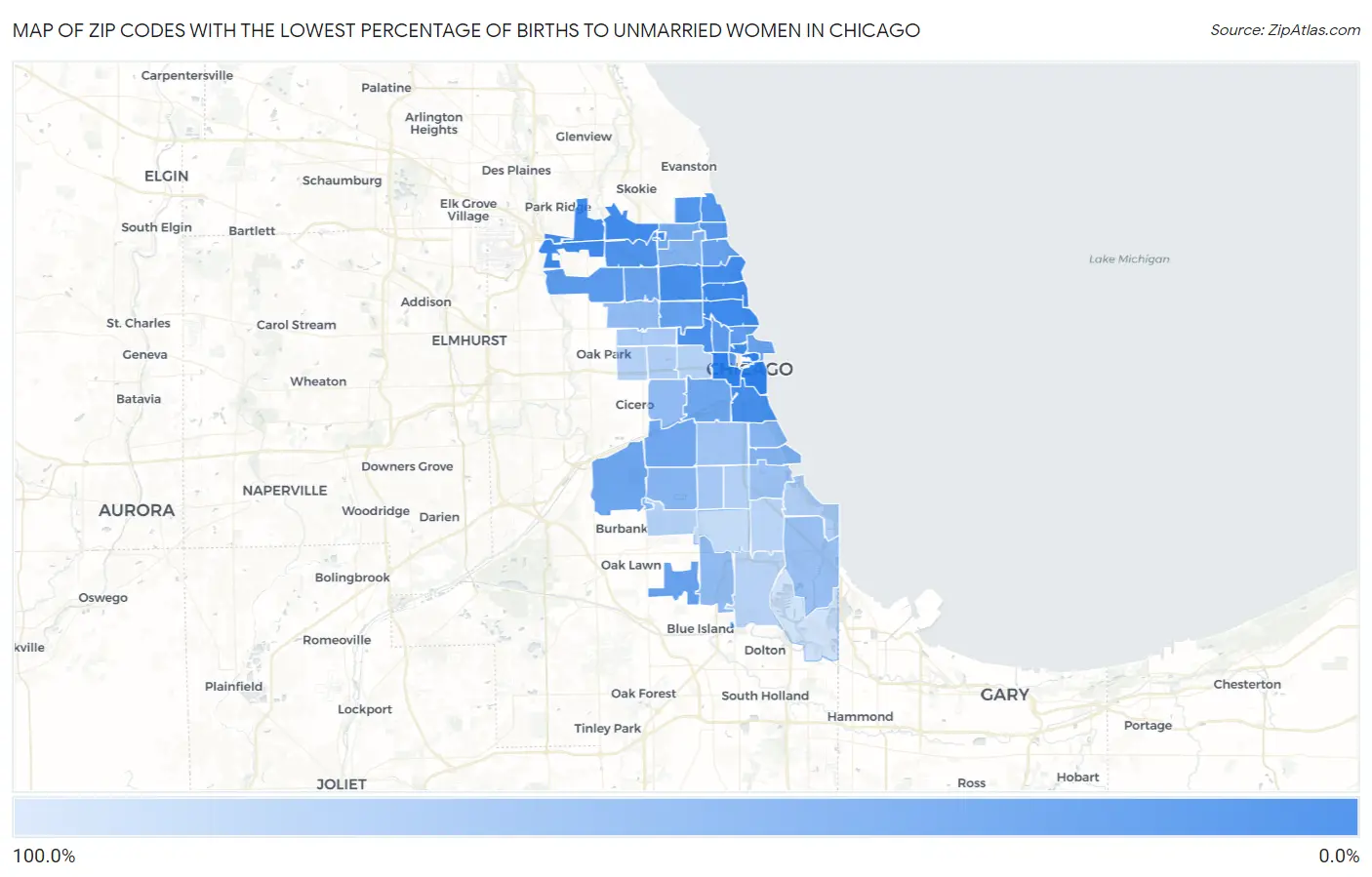 Zip Codes with the Lowest Percentage of Births to Unmarried Women in Chicago Map