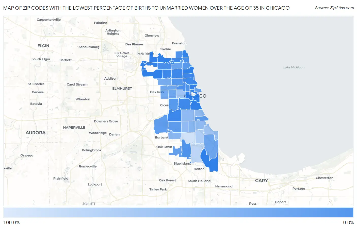 Zip Codes with the Lowest Percentage of Births to Unmarried Women over the Age of 35 in Chicago Map