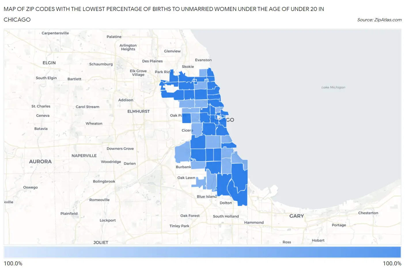 Zip Codes with the Lowest Percentage of Births to Unmarried Women under the Age of under 20 in Chicago Map