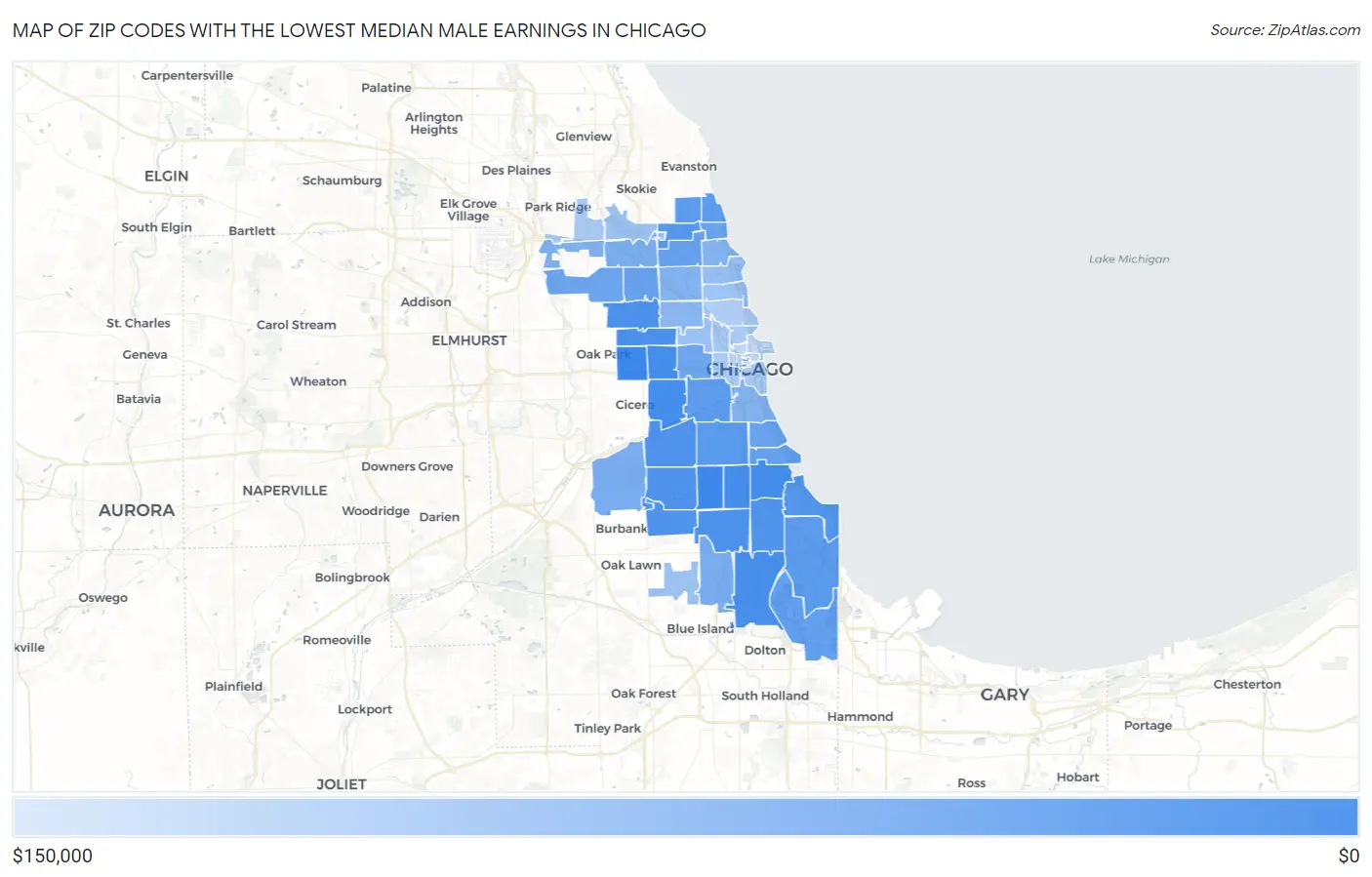 Zip Codes with the Lowest Median Male Earnings in Chicago Map