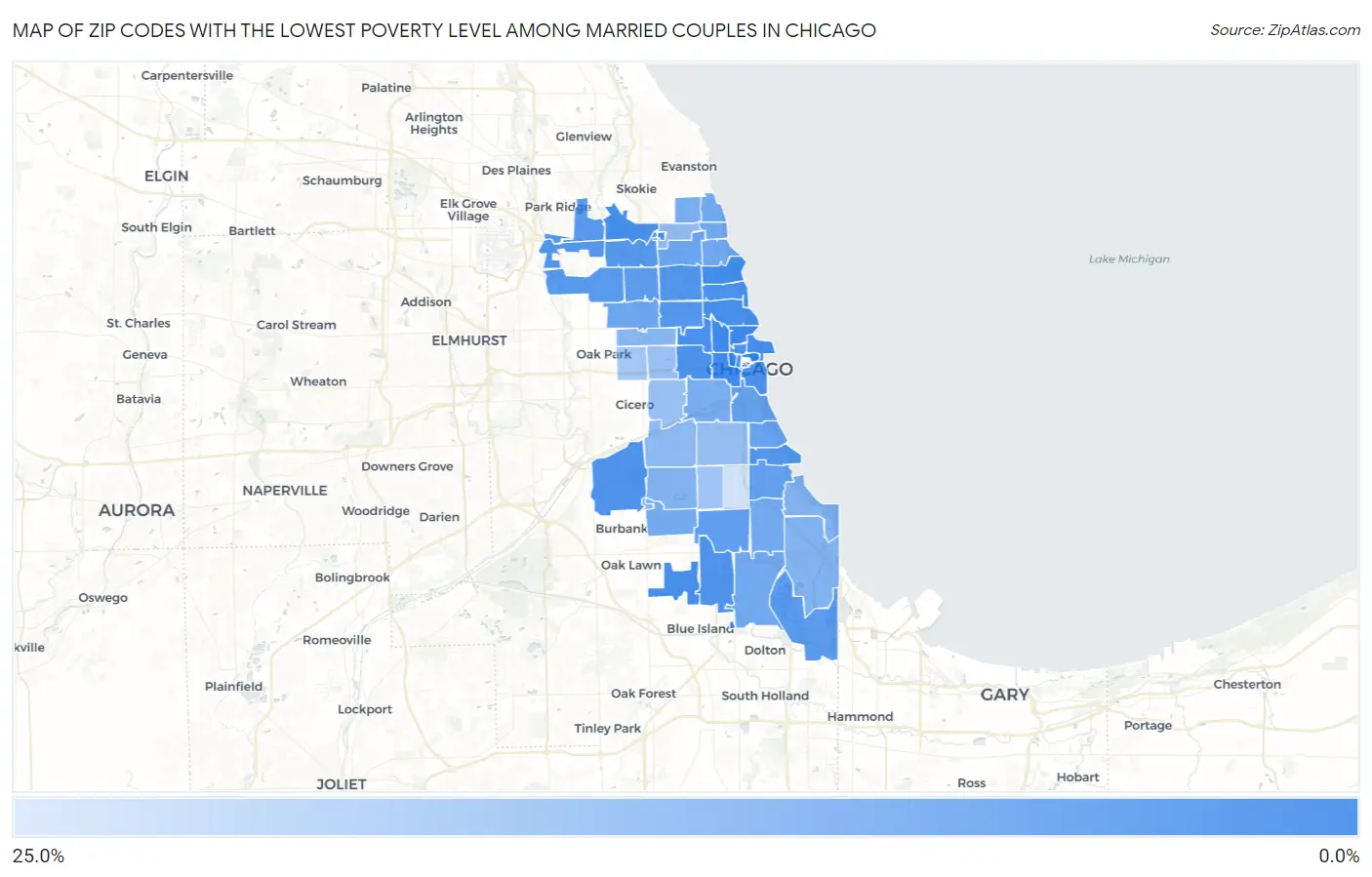 Zip Codes with the Lowest Poverty Level Among Married Couples in Chicago Map