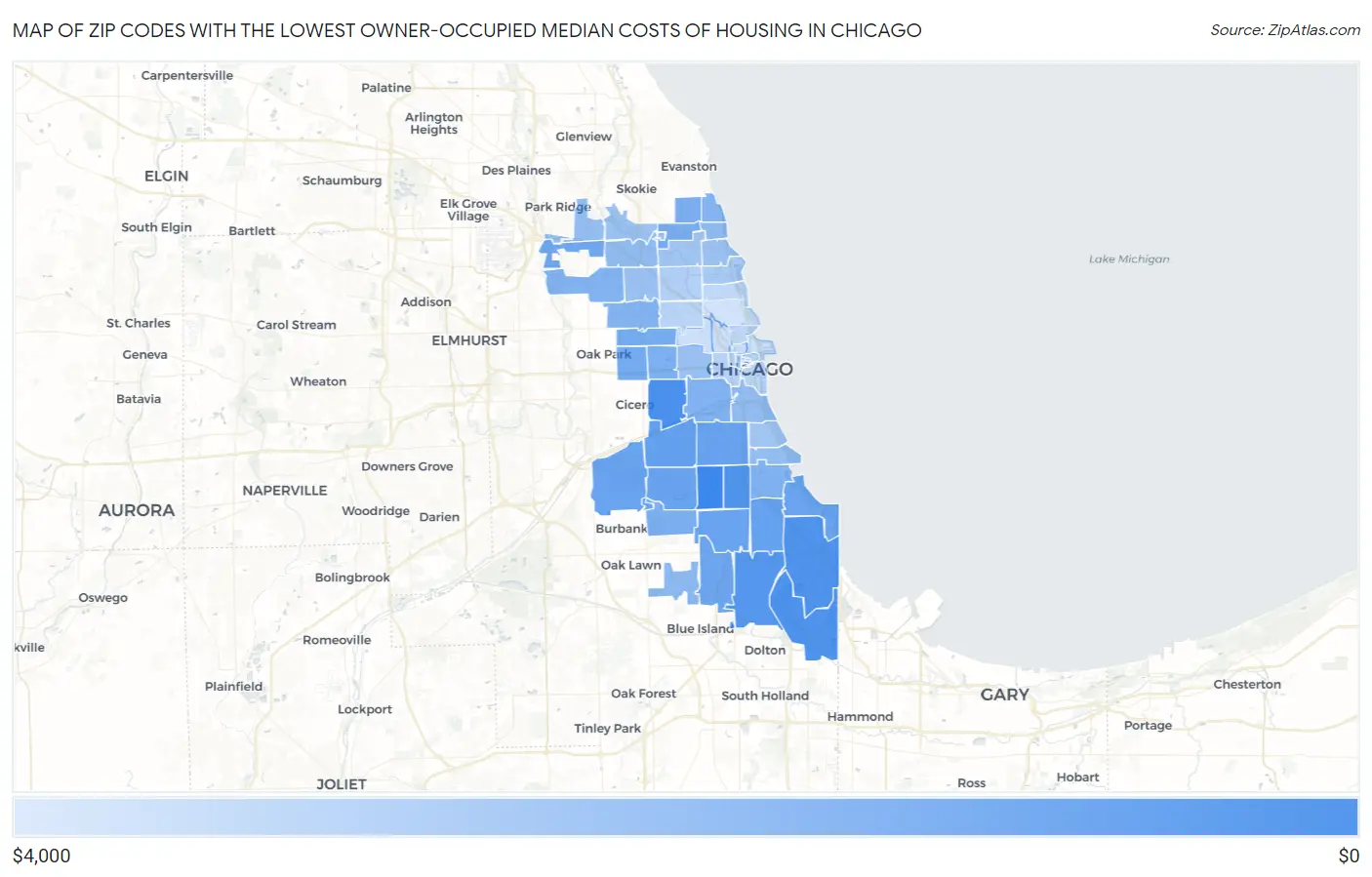 Zip Codes with the Lowest Owner-Occupied Median Costs of Housing in Chicago Map