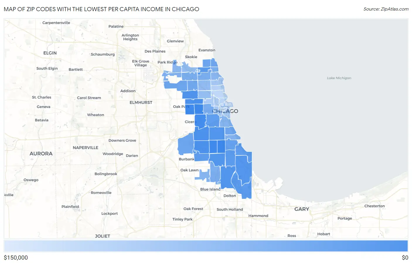 Zip Codes with the Lowest Per Capita Income in Chicago Map