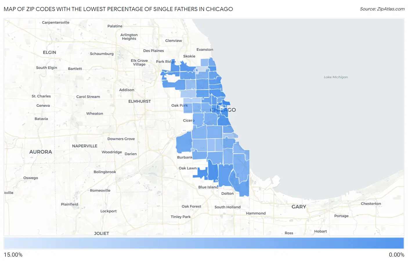 Zip Codes with the Lowest Percentage of Single Fathers in Chicago Map