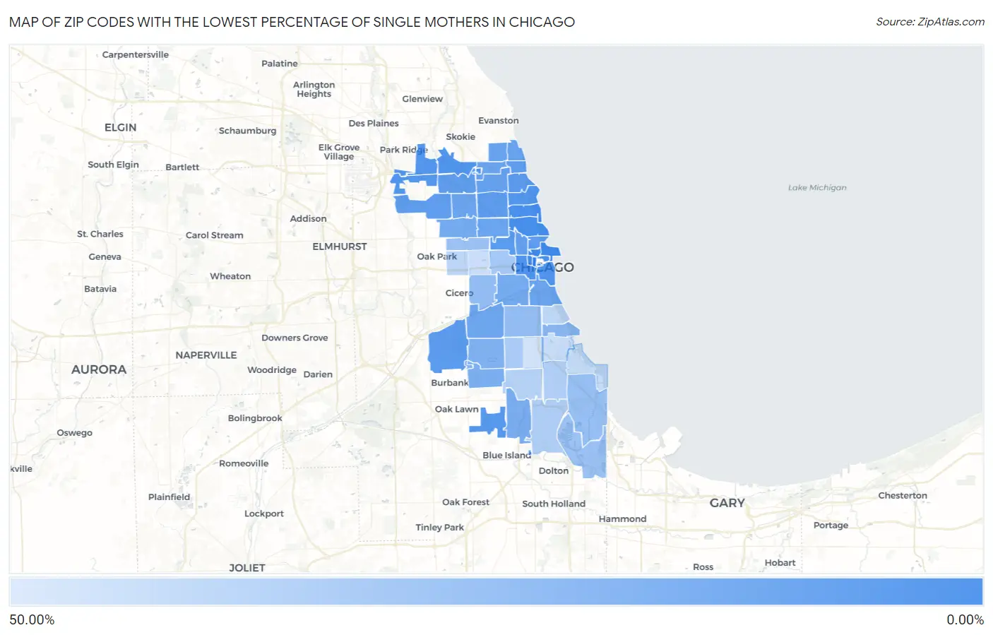 Zip Codes with the Lowest Percentage of Single Mothers in Chicago Map