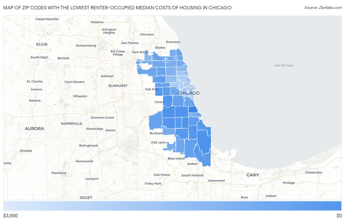 Zip Codes with the Lowest Renter-Occupied Median Costs of Housing in Chicago Map