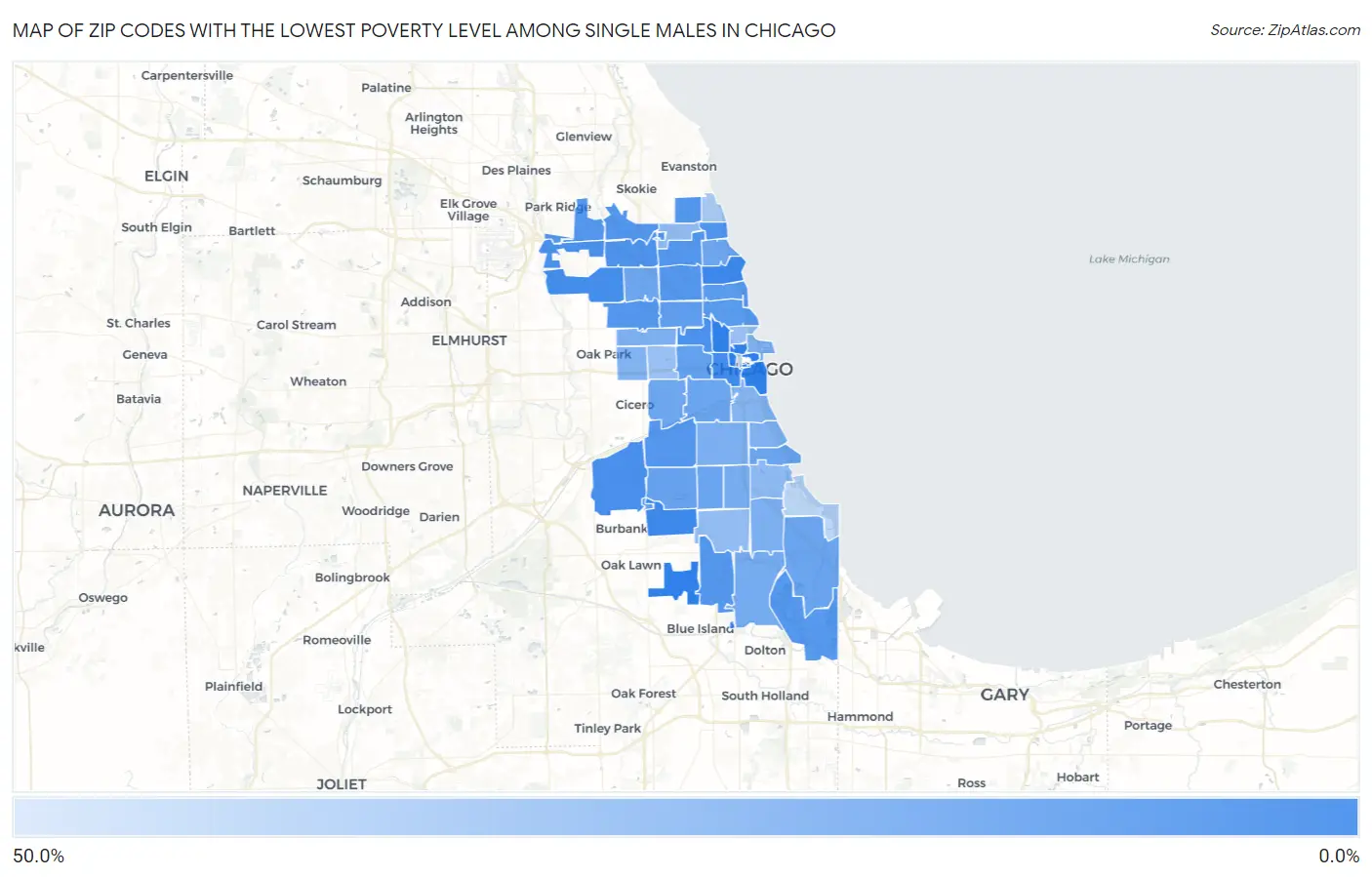 Zip Codes with the Lowest Poverty Level Among Single Males in Chicago Map