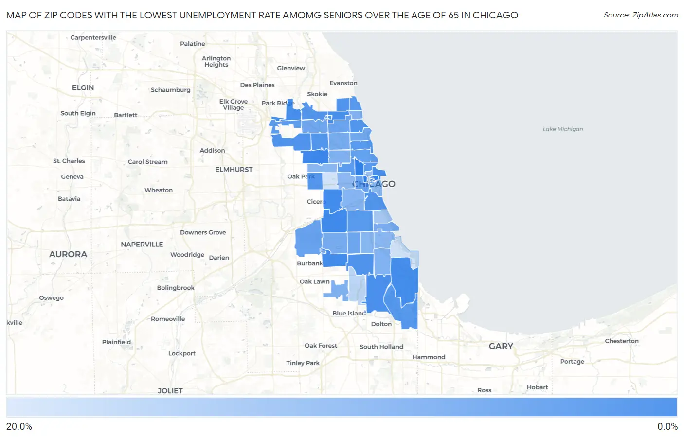 Zip Codes with the Lowest Unemployment Rate Amomg Seniors Over the Age of 65 in Chicago Map