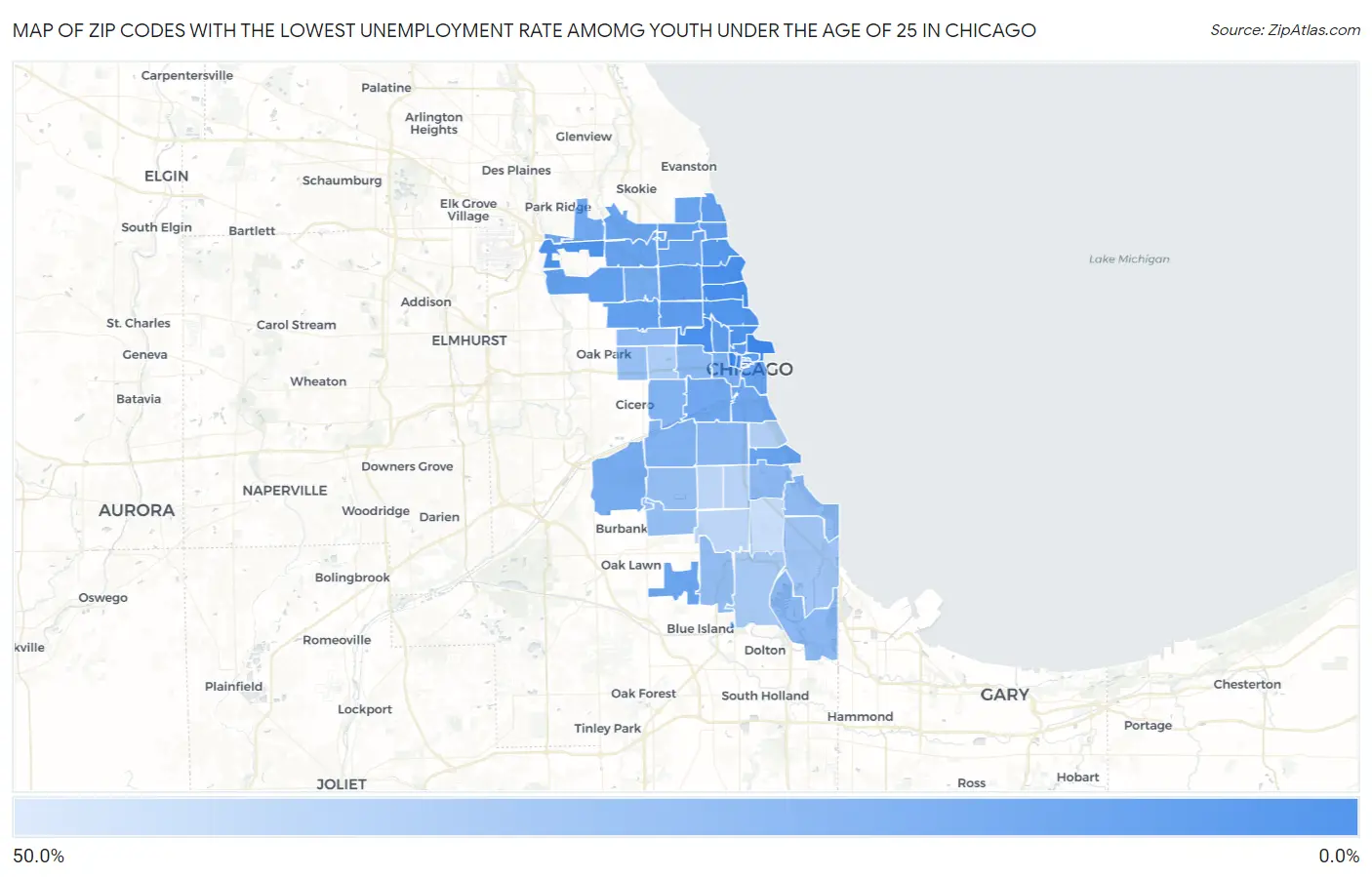 Zip Codes with the Lowest Unemployment Rate Amomg Youth Under the Age of 25 in Chicago Map