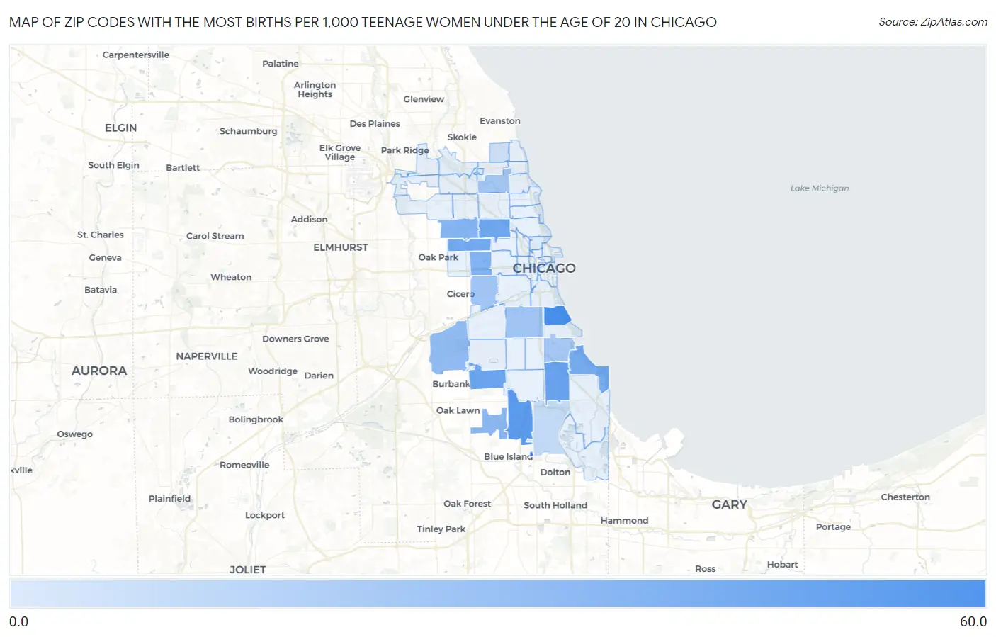 Zip Codes with the Most Births per 1,000 Teenage Women Under the Age of 20 in Chicago Map