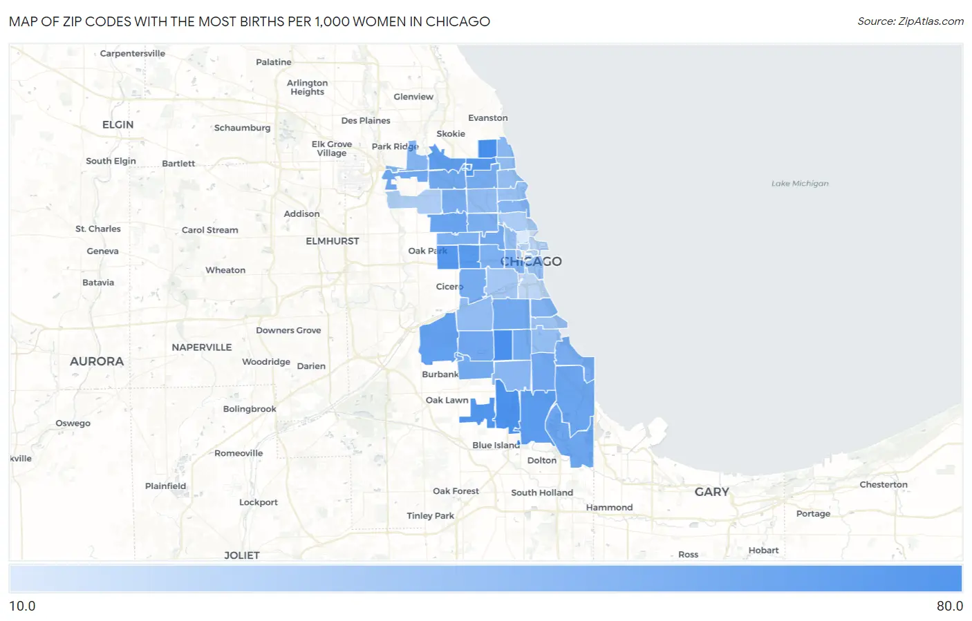 Zip Codes with the Most Births per 1,000 Women in Chicago Map
