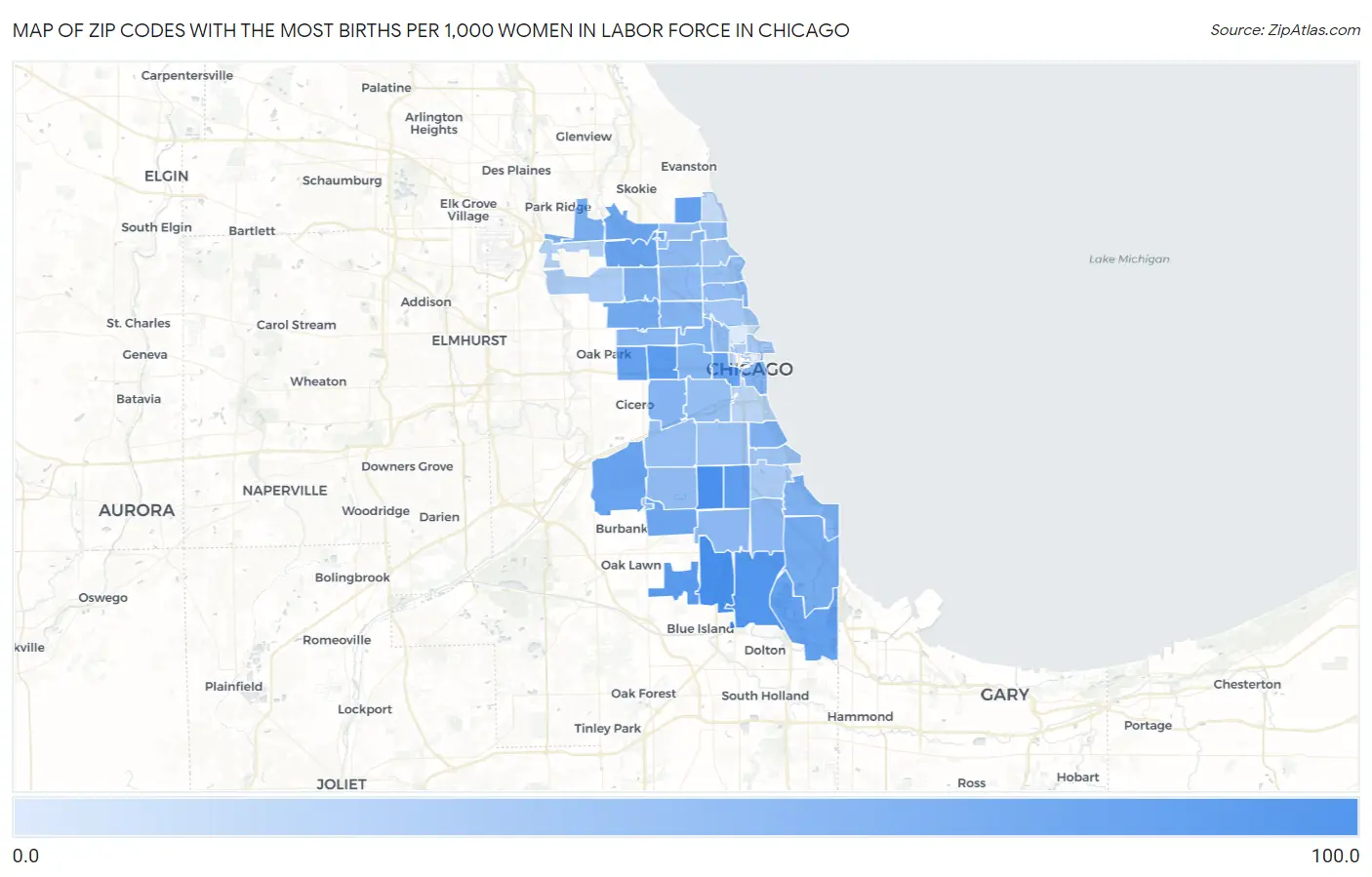 Zip Codes with the Most Births per 1,000 Women in Labor Force in Chicago Map