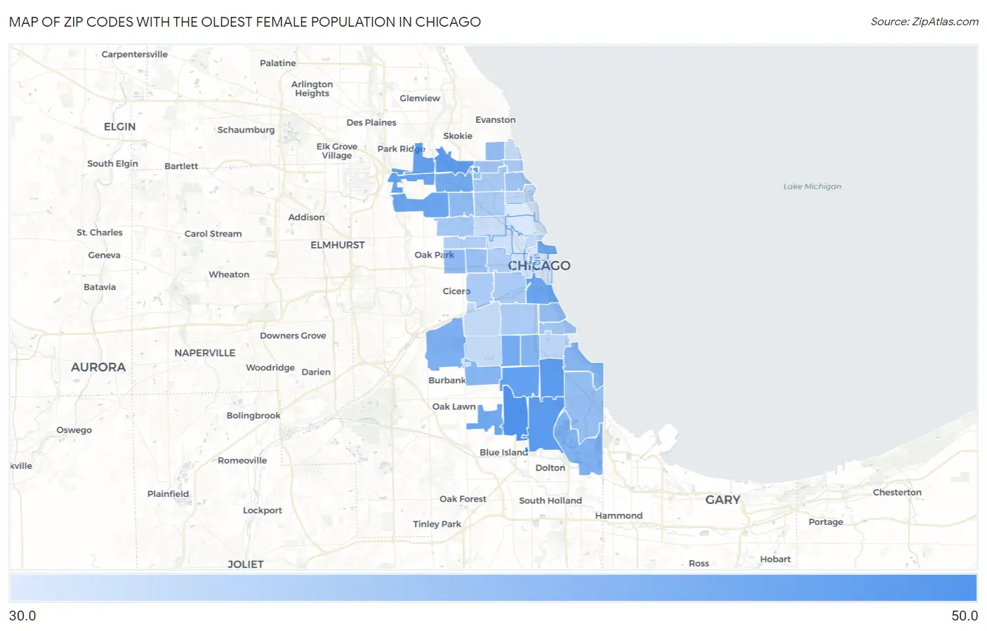Zip Codes with the Oldest Female Population in Chicago Map