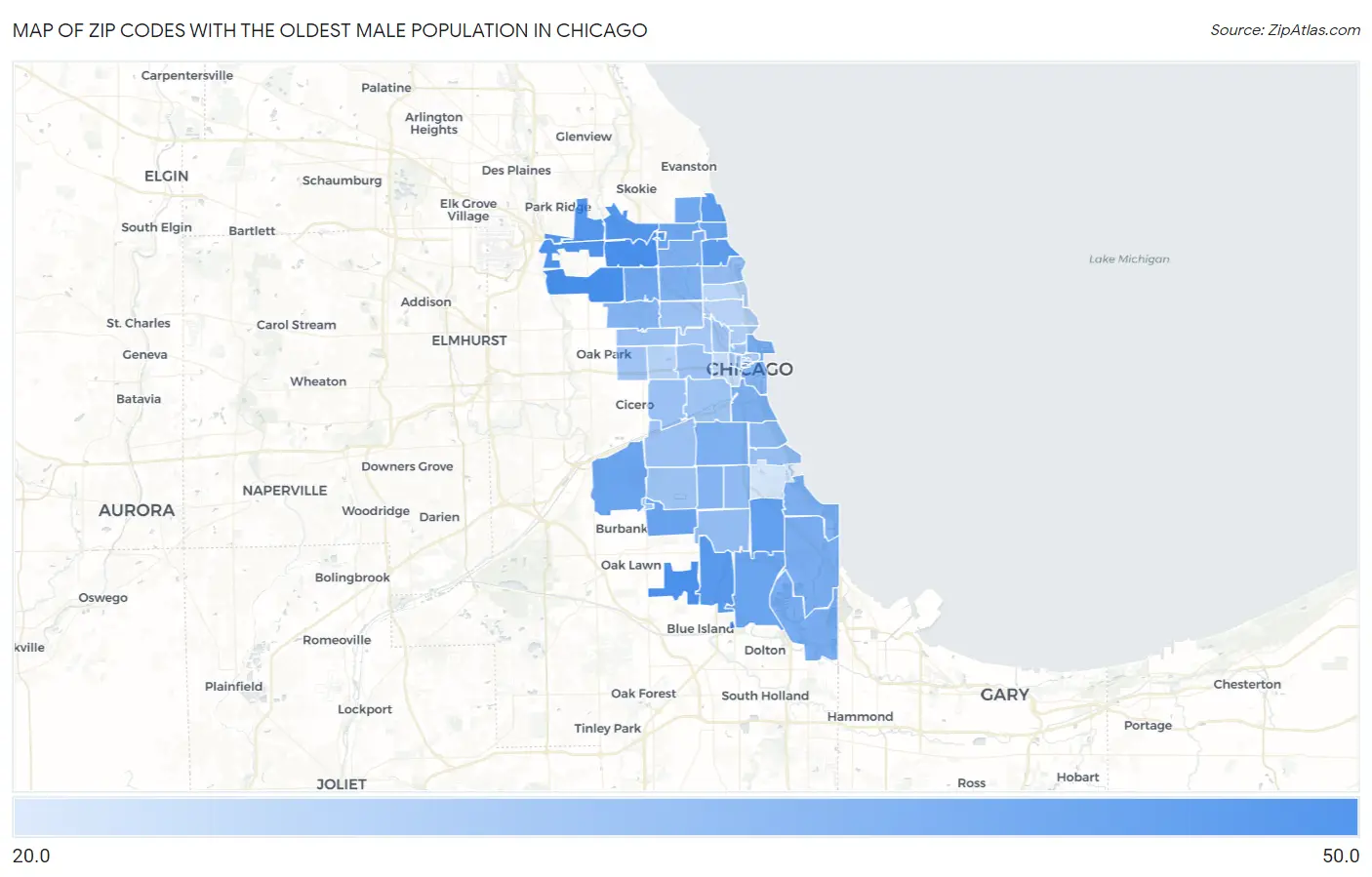 Zip Codes with the Oldest Male Population in Chicago Map
