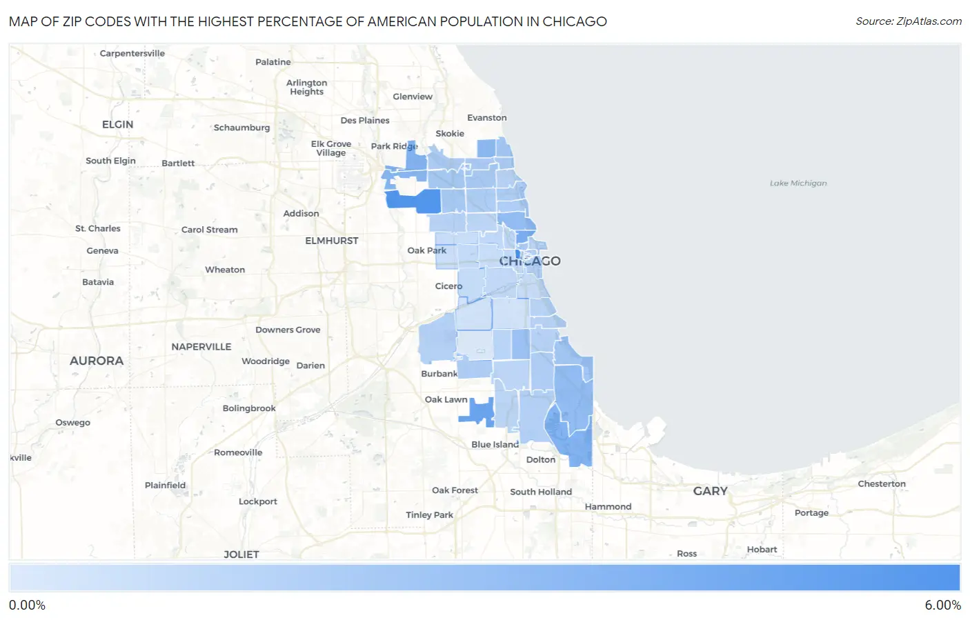 Zip Codes with the Highest Percentage of American Population in Chicago Map