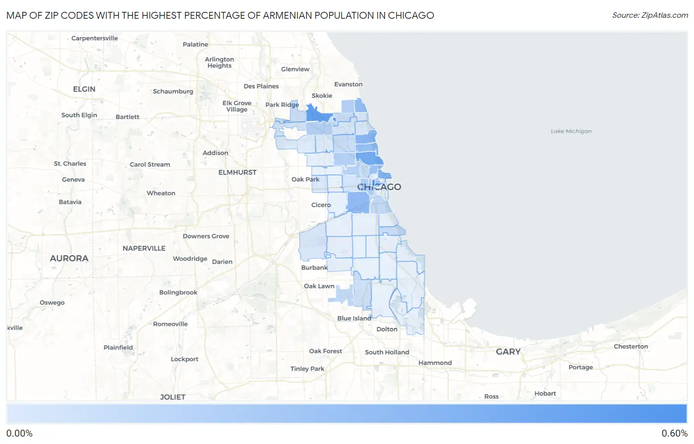 Zip Codes with the Highest Percentage of Armenian Population in Chicago Map