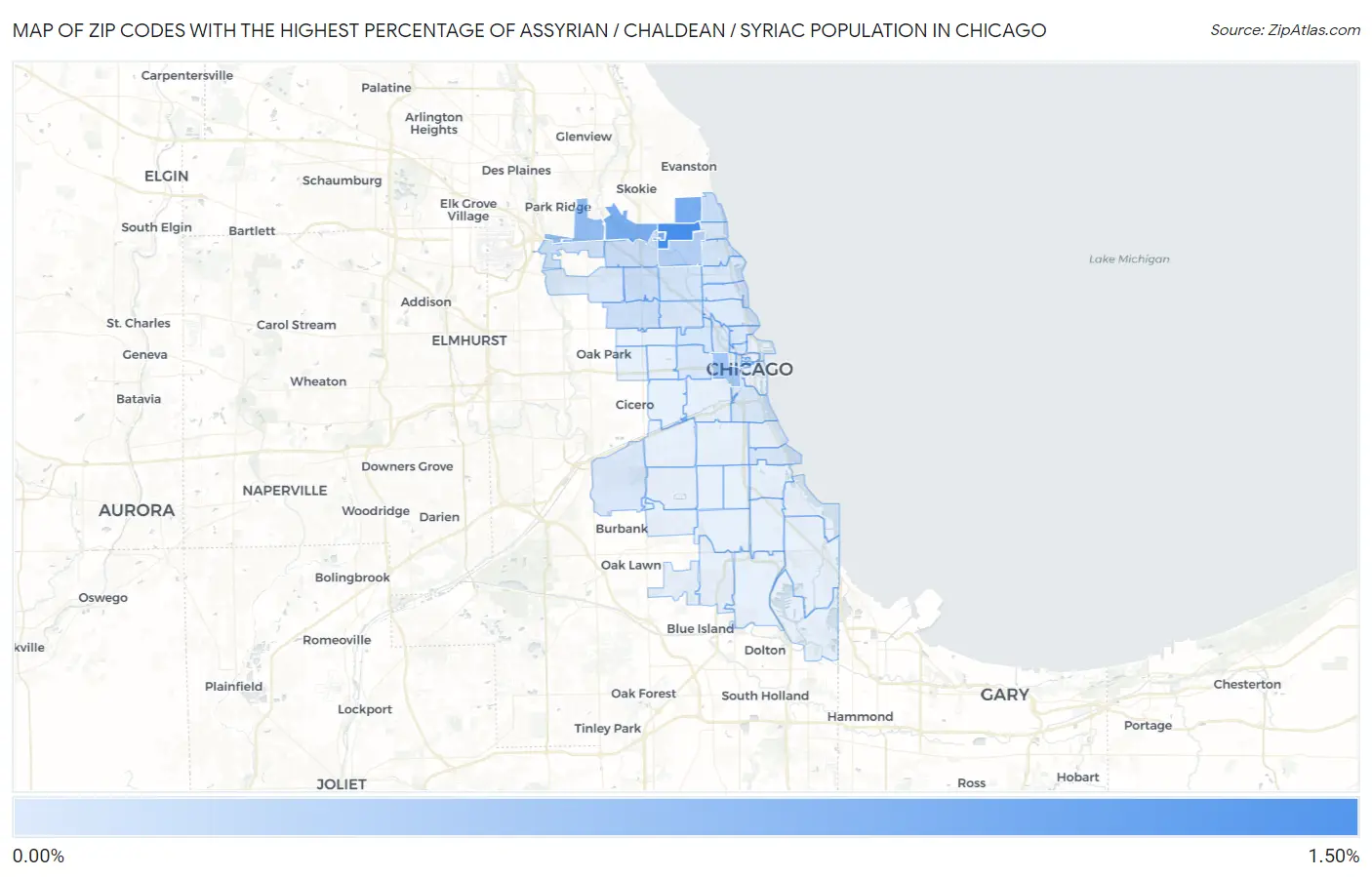 Zip Codes with the Highest Percentage of Assyrian / Chaldean / Syriac Population in Chicago Map