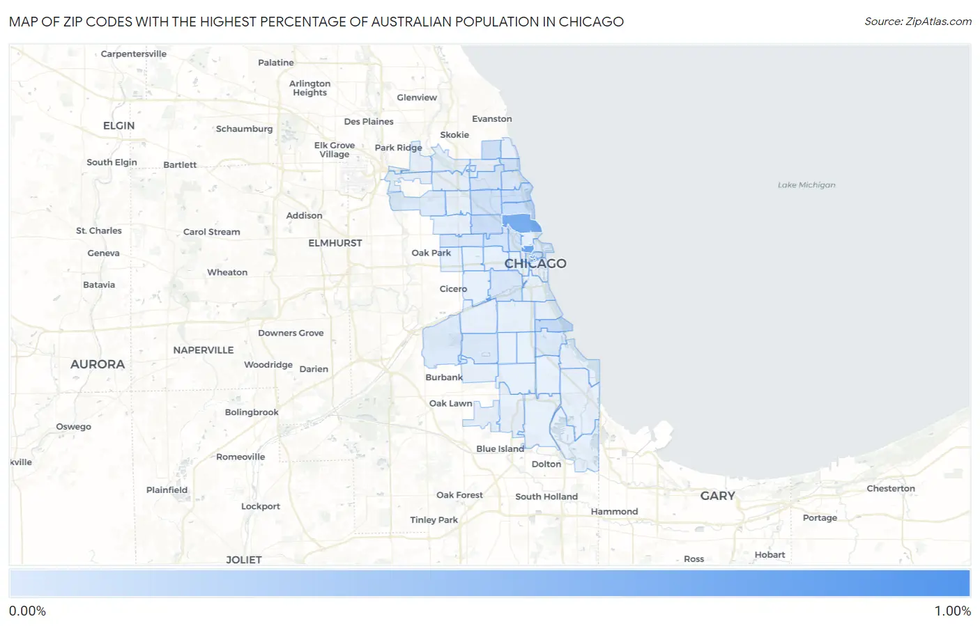 Zip Codes with the Highest Percentage of Australian Population in Chicago Map