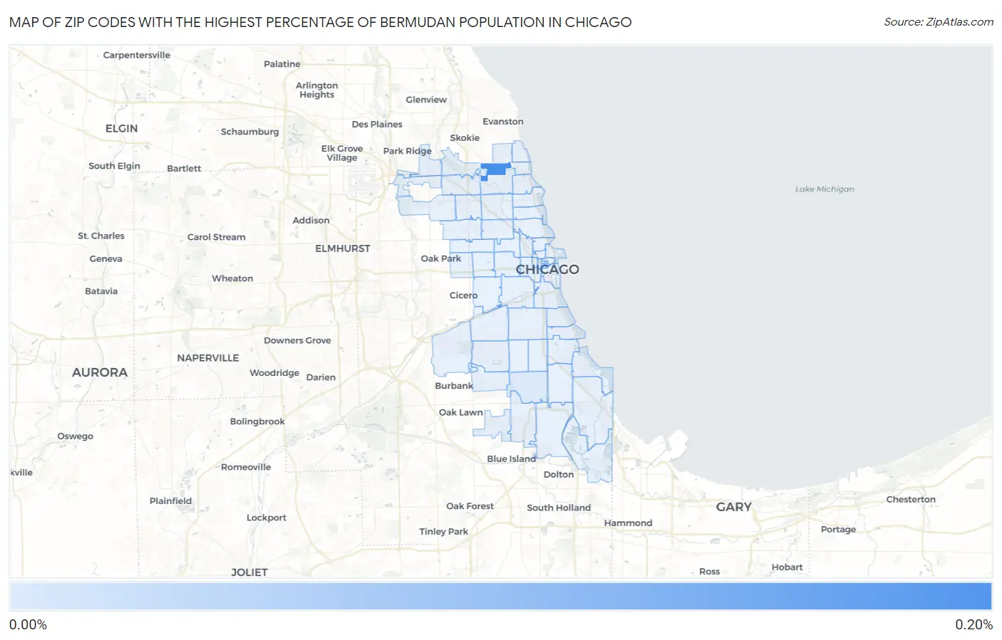 Zip Codes with the Highest Percentage of Bermudan Population in Chicago Map