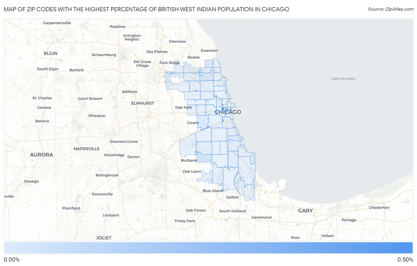 Zip Codes with the Highest Percentage of British West Indian Population in Chicago Map