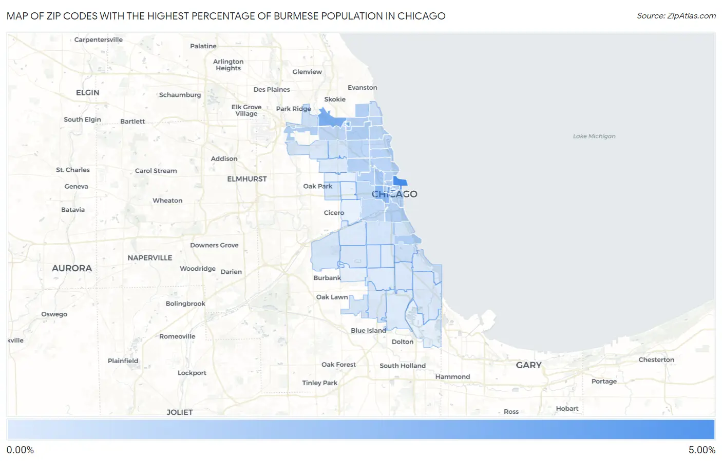 Zip Codes with the Highest Percentage of Burmese Population in Chicago Map