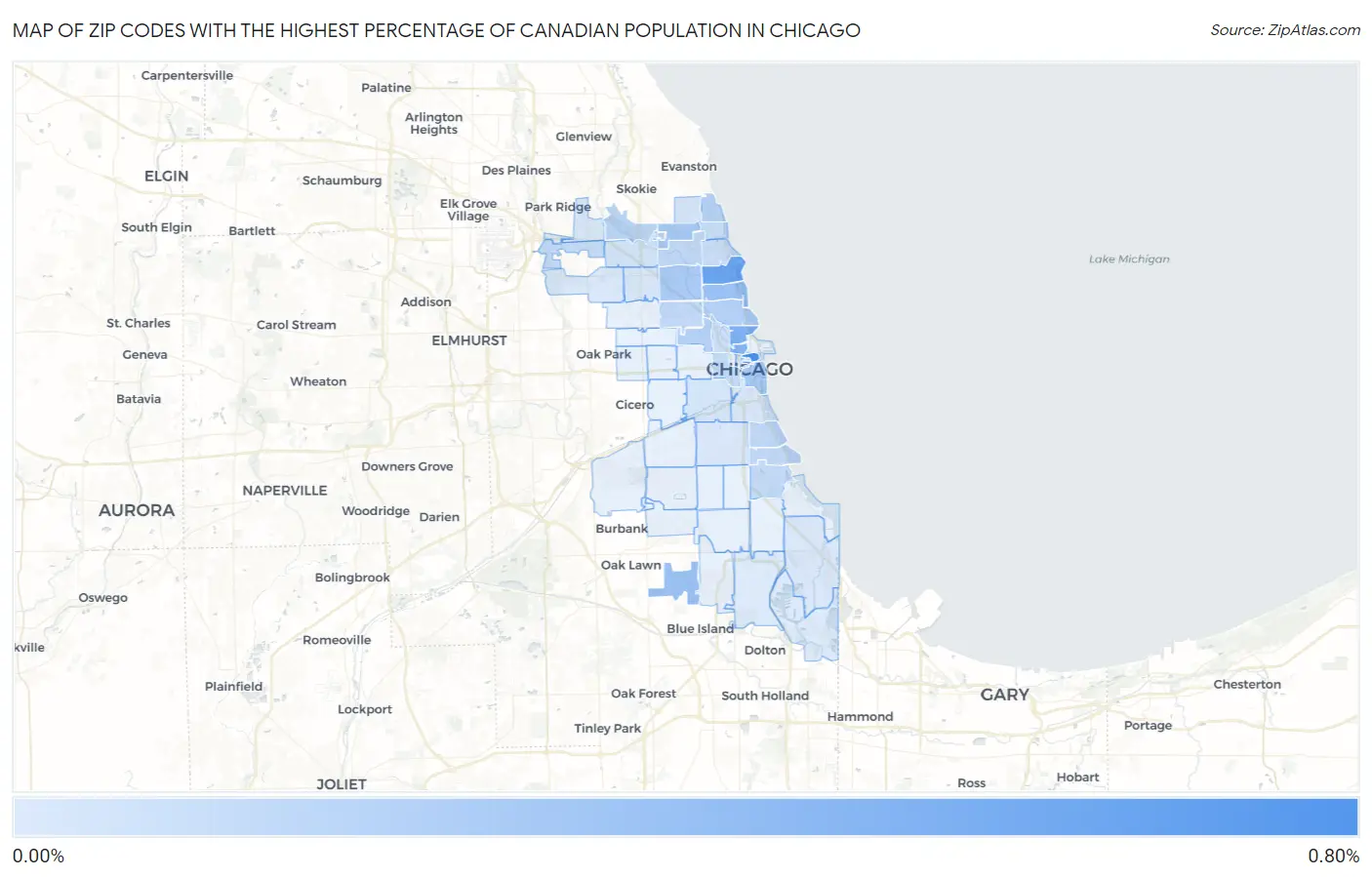 Zip Codes with the Highest Percentage of Canadian Population in Chicago Map