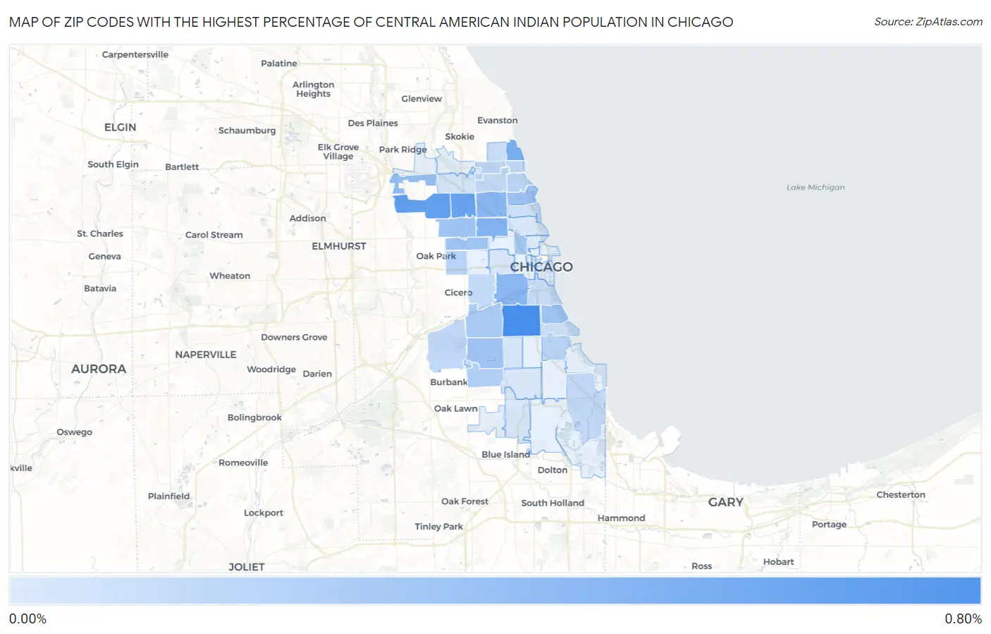 Zip Codes with the Highest Percentage of Central American Indian Population in Chicago Map