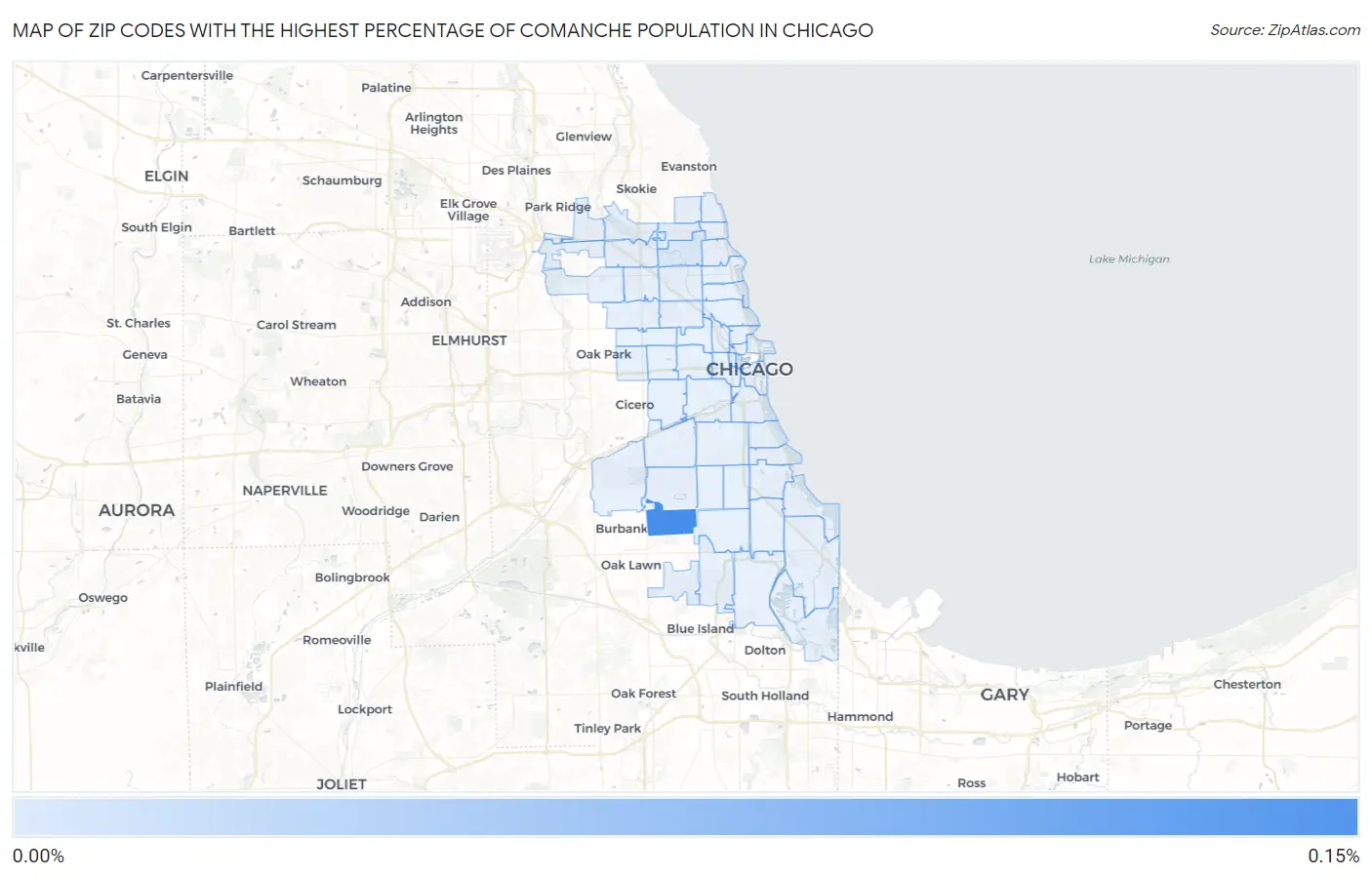 Zip Codes with the Highest Percentage of Comanche Population in Chicago Map