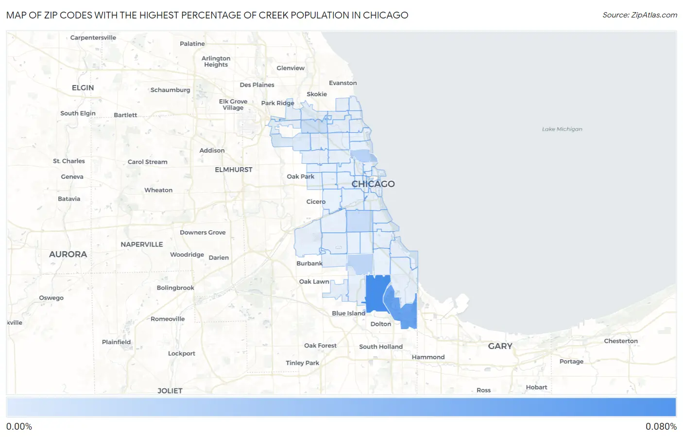 Zip Codes with the Highest Percentage of Creek Population in Chicago Map