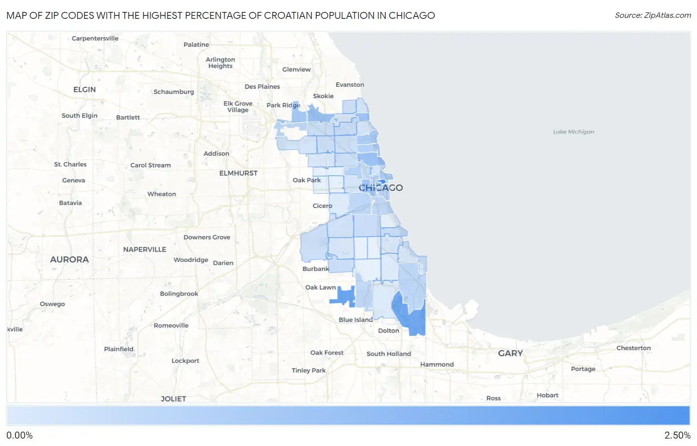Zip Codes with the Highest Percentage of Croatian Population in Chicago Map