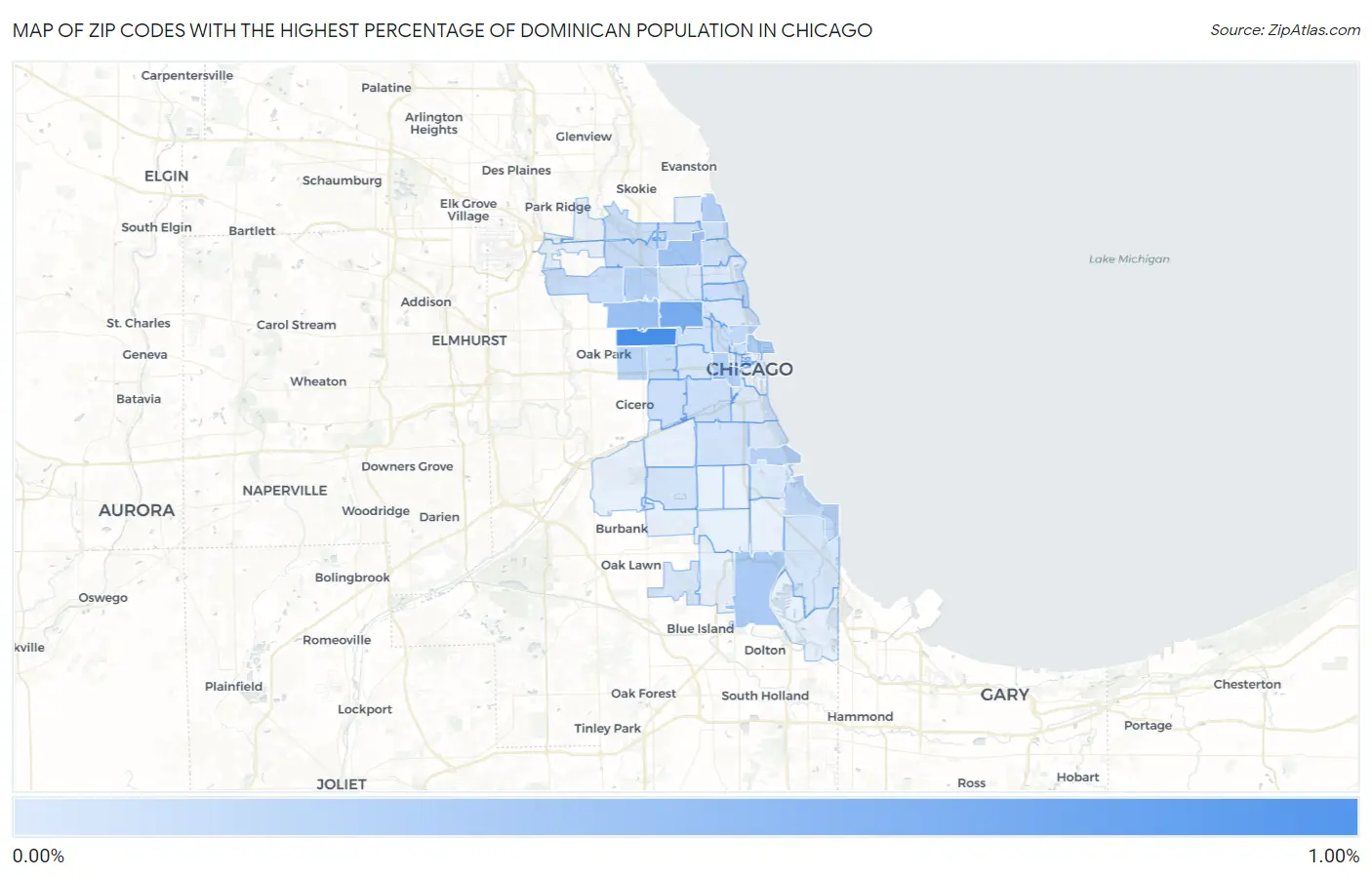 Zip Codes with the Highest Percentage of Dominican Population in Chicago Map