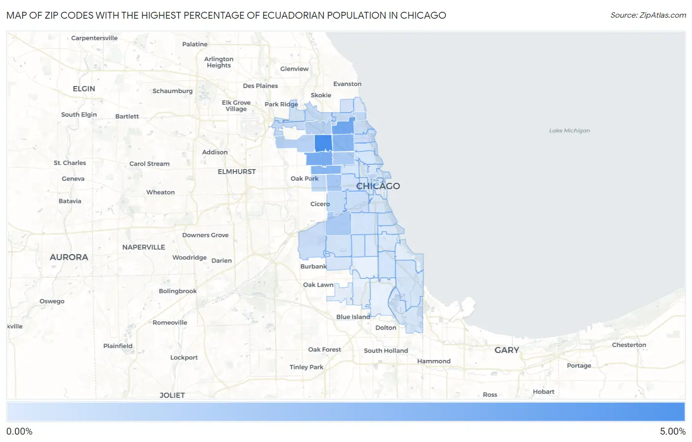 Zip Codes with the Highest Percentage of Ecuadorian Population in Chicago Map