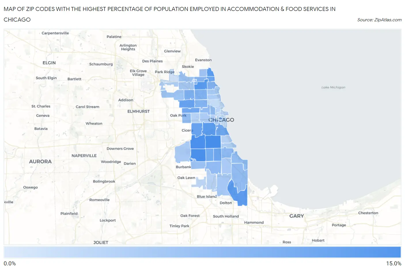 Zip Codes with the Highest Percentage of Population Employed in Accommodation & Food Services in Chicago Map