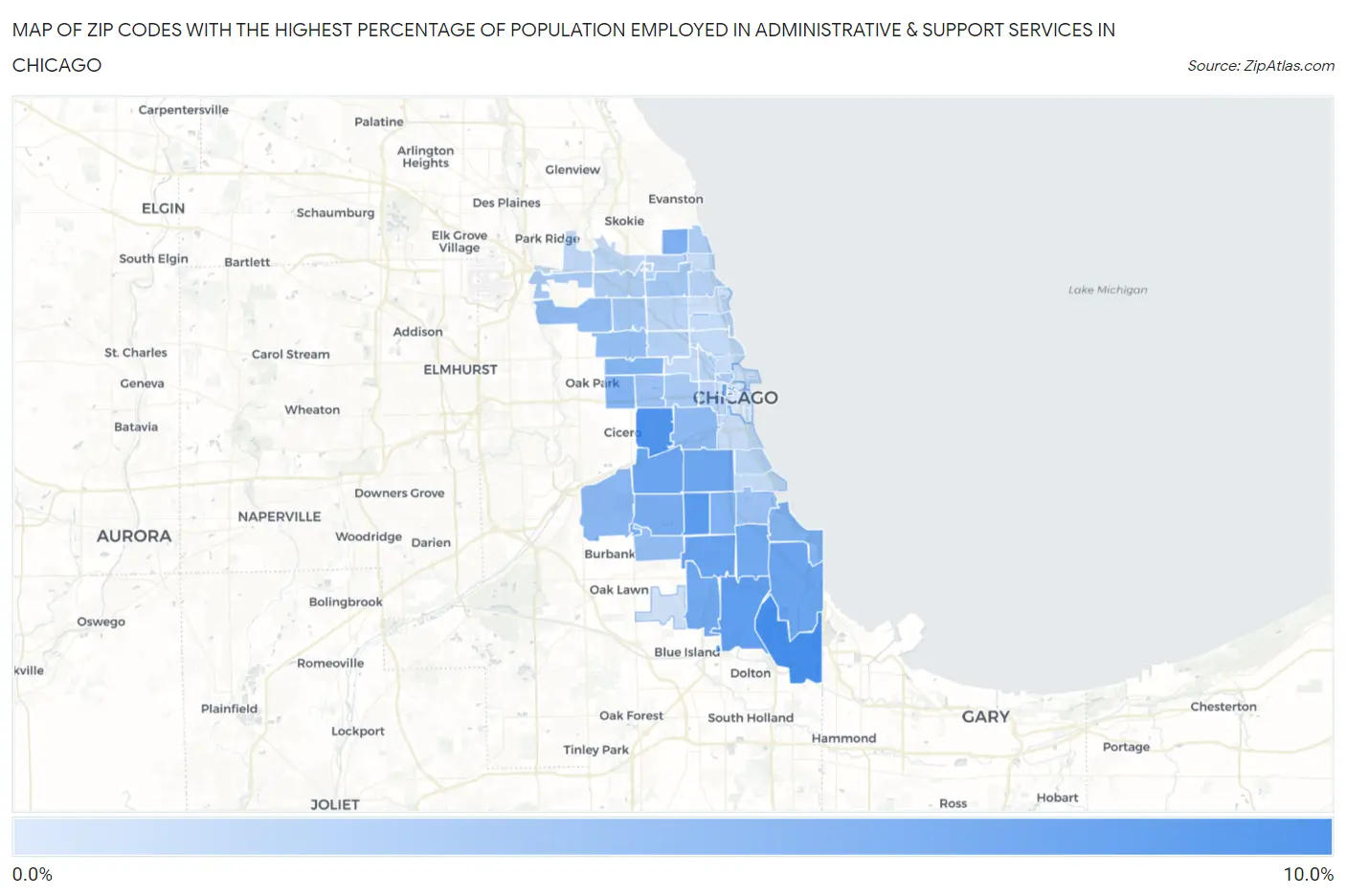 Zip Codes with the Highest Percentage of Population Employed in Administrative & Support Services in Chicago Map