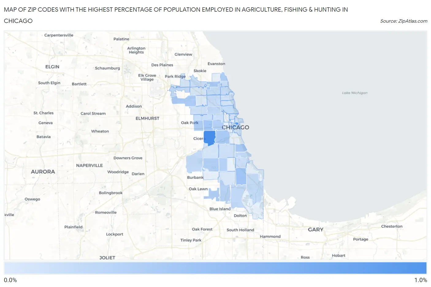Zip Codes with the Highest Percentage of Population Employed in Agriculture, Fishing & Hunting in Chicago Map