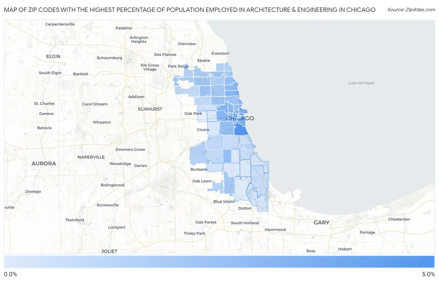 Zip Codes with the Highest Percentage of Population Employed in Architecture & Engineering in Chicago Map