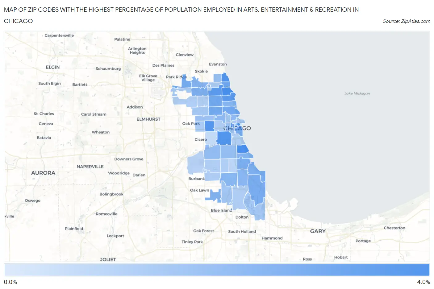 Zip Codes with the Highest Percentage of Population Employed in Arts, Entertainment & Recreation in Chicago Map